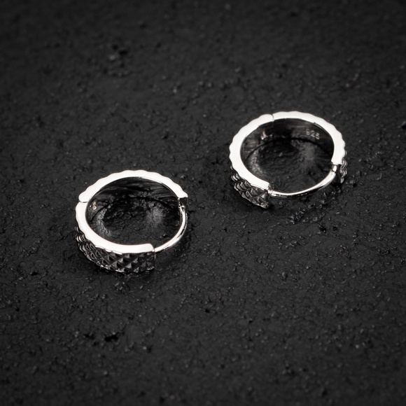 Solid White Gold Plated Sterling Silver Small Men's Diamond Cut Hoop Earrings - Picture 4 of 4